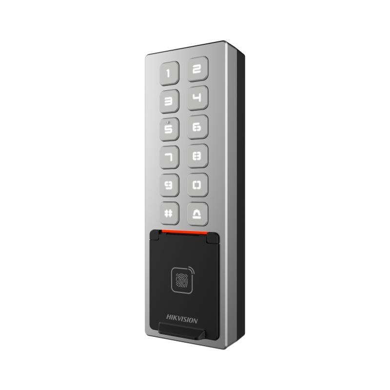 Cititor de proximitate cu tastatura Hikvision DS-K1T805MBFWX, M1 card, RS-485 and Wiegand (W26, W34), network interface, Wi-Fi, alimentare: 12 VDC/1 A, protectie: IP65, IK08, dimensiunii: 57.7 mm × 177 mm × 34.6 mm.