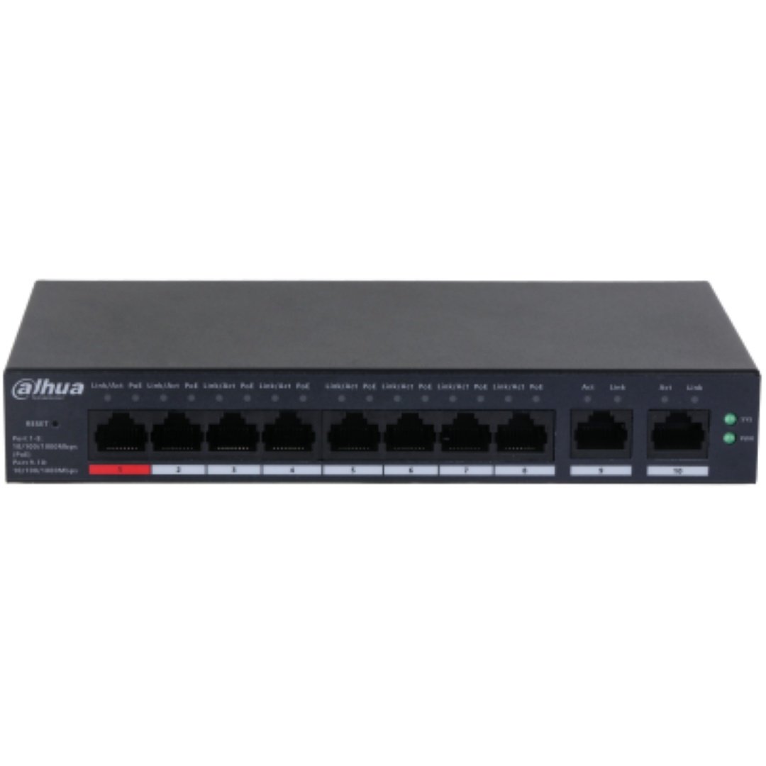 Dahua 10 Port Cloud managed POE switch CS4010-8ET-110, Interfata: Port 1-8: 8 × RJ-45 10/100 Mbps (PoE); Port 9-10: 2 × RJ-45 10/100/1000 Mbps（uplink）, Managed, Layer 2, Switching Capacity: 5.6 Gbps, Packet Forwarding Rate: 4.17 Mpps, Standarde retea: - 1 | YEO