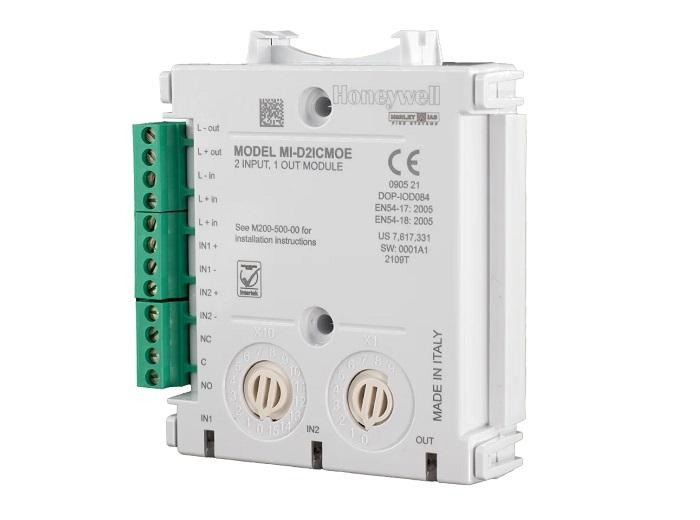 Honeywell Morley-IAS Modul 2 intrări si 1 ieșire MI/D2ICMOE, cu izolator; Curent maxim in standby 140 µA @ 24 VDC (fara comunicari); Tensiune de operare 15-32 VDC; Optiune de montare pe sina DIN;Indicator stare LED tricolor;Standard EN54-17, EN54-18;