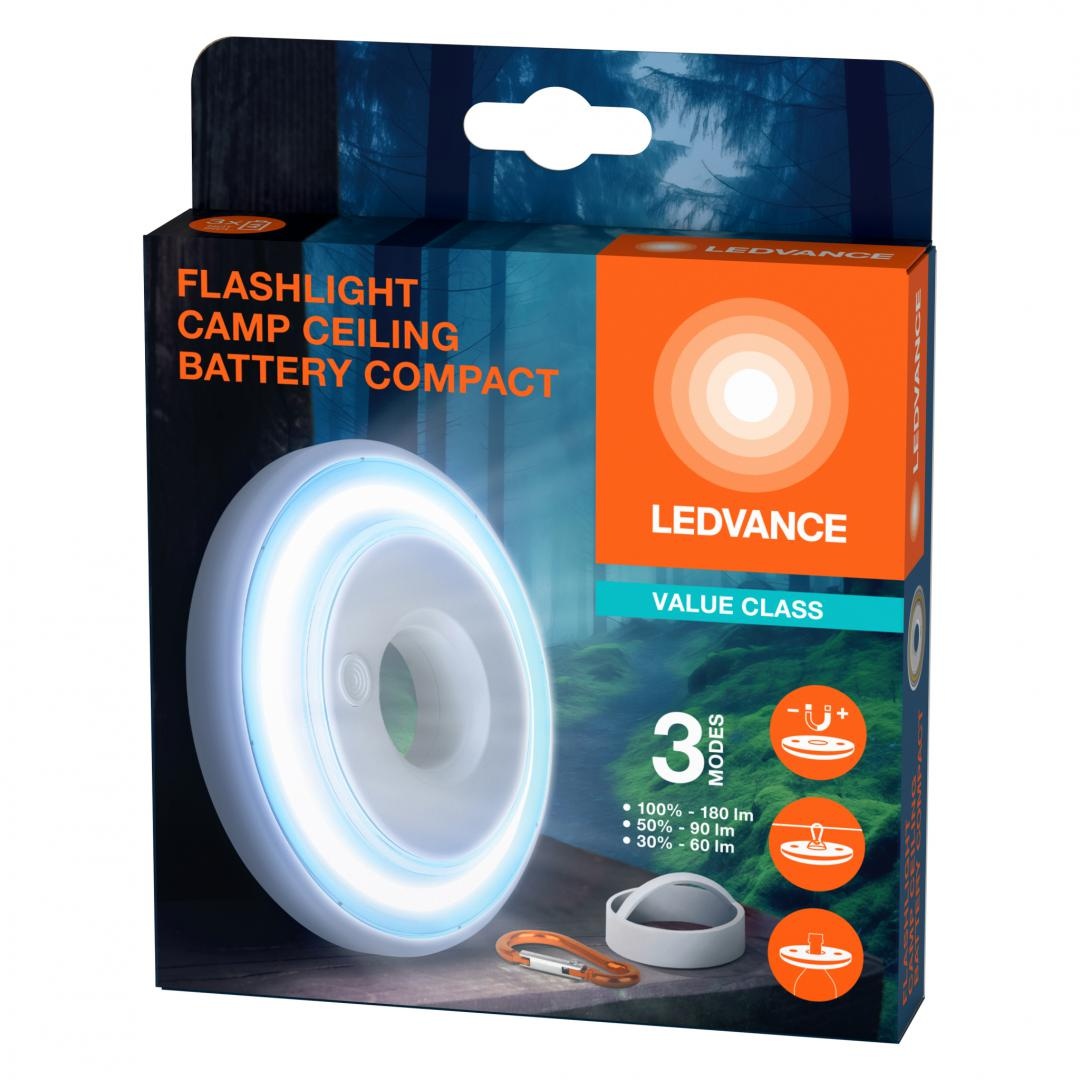 Lanterna LED camping Ledvance, 2.2W, 180 lm, Ø120 mm, 3 moduri de iluminare (100%-180lm, 50%-90lm, 30%-60lm), 3xAAA (neincluse), magnet, carglic, IP20, Alb - 2 | YEO