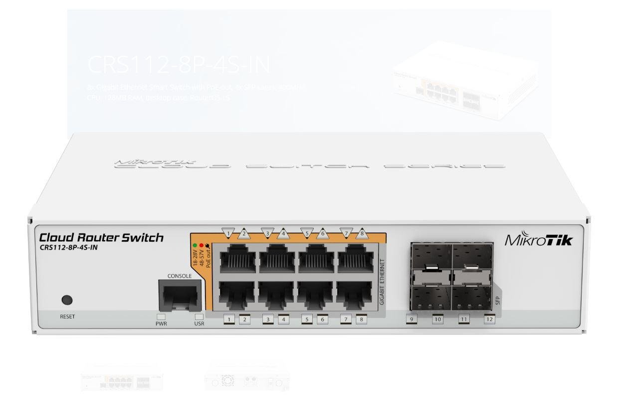 MikroTik Cloud Router Switch 112-8P-4S-IN with QCA8511 400Mhz CPU, 128MBRAM, 8xGigabit LAN with PoE-out, 4xSFP, RouterOS L5, desktop case, PSU