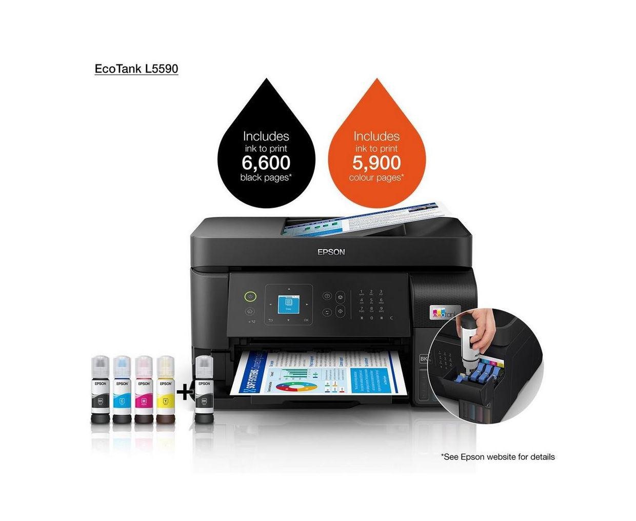 Multifunctional inkjet color CISS Epson L5590, (Print, Copy, Scan, Fax) dimensiune A4, 4 culori, viteza max 15ppm alb-negru, 8ppm color, rezolutie 1200x2400dpi, alimentare hartie 100 coli + 30 coli ADF, Scanner CIS, 5ipm, Fax: 33.6kbps / Approx. 3 - 1 | YEO