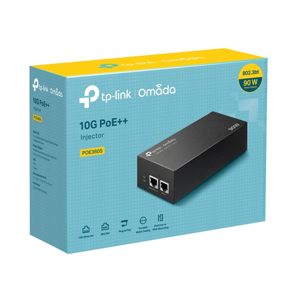 Omada 10G PoE++ Injector Adapter PORT: 1× 10Gbps PoE Port, 1× 10Gbps Non-PoE Port SPEC: 802.3bt/at/af Compliant, 90 W PoE Power, Data and Power Carried over the same cable, Steel Case - 1 | YEO