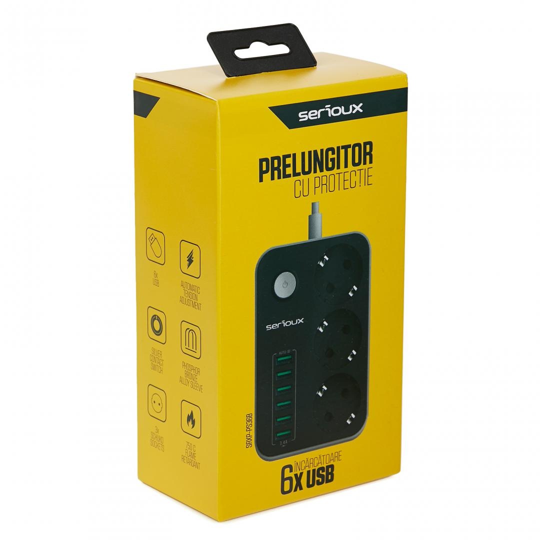 Prelungitor cu protectie Serioux, 3 prize schuko, input 100-240V, 50- 60Hz, output (Total): 2500W - 10A, 6 porturi USB, USB Output (Total):3.4A, functie auto ID, antistatic, buton power/off, lungime cablu 1.6m,negru, SRXP-PS36B - 2 | YEO