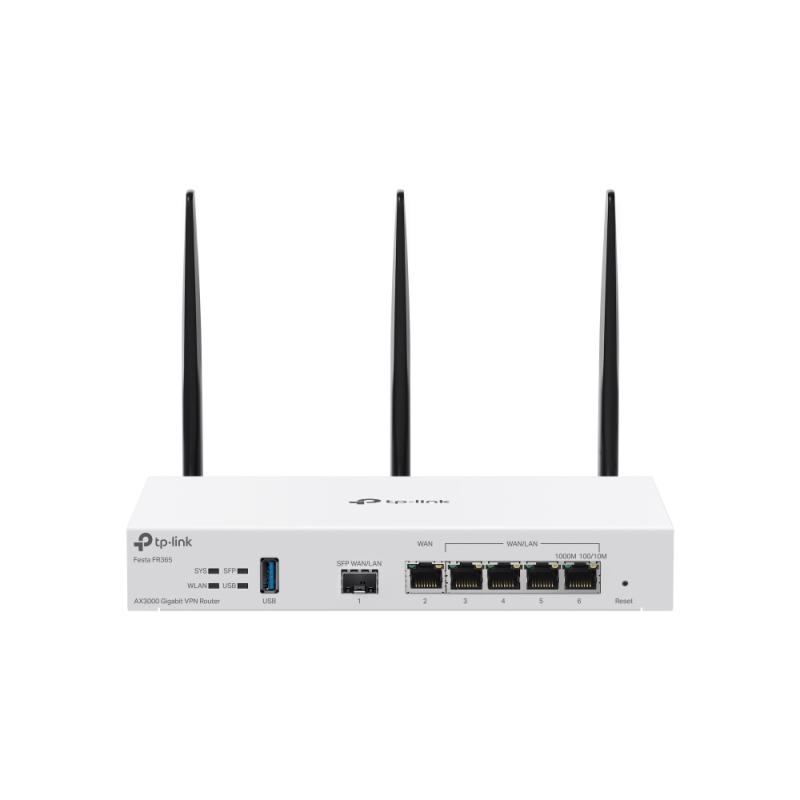 Router Wireless TP-Link Festa FR365, Dual-Band, 4 x LAN, 1 x WAN, viteza 10/100/1000 Mbps, 1 x USB.3.0, 5 x RJ-45, viteza transfer wi-fi 2976 Mbps, 2.4 GHz - 574 Mbps, 5 GHz - 2402 Mbps, standarde 802.11n/ac/ax, dimensiuni 226 × 132 × 36 mm (fara antene)