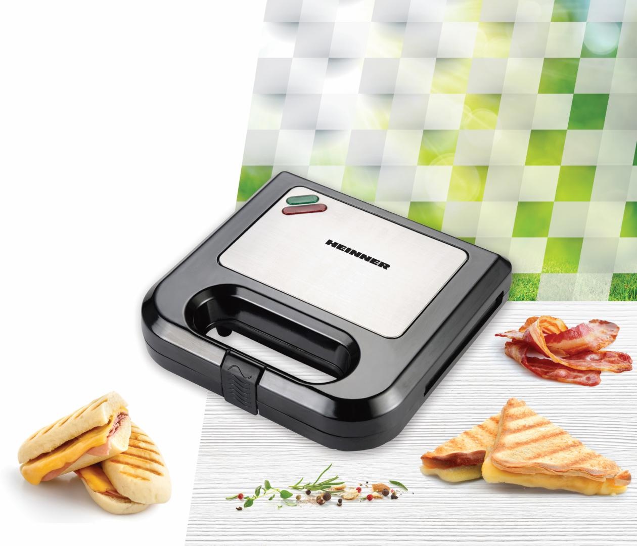 Sandwich Maker Heinner SM-K750BKS: Aparat compact de 750W cu plăci antiaderente tip grill, ideal pentru prepararea a două sandwich-uri delicioase simultan. - 2 | YEO