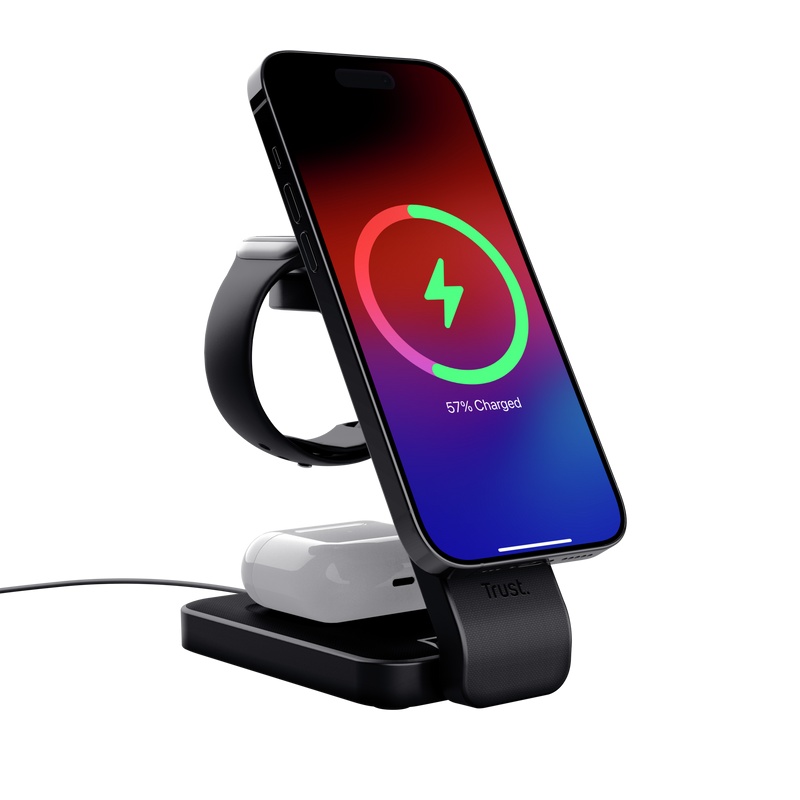 Stand de incarcare 3-in-1 Trust Viro, putere intrare 20W, interfata USB- C, compatibil cu produsele din brandul Apple: iPhone (12 si modele mai noi), Airpods si Apple Watch, negru - 2 | YEO