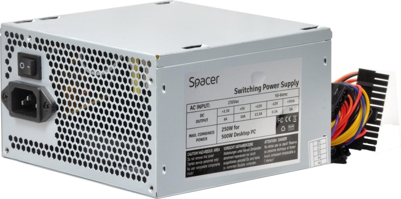 Sursa Spacer ATX 500, 250W for 500 Desktop PC, fan 120mm, Switch ON/OFF „SPS-ATX-500-V12”