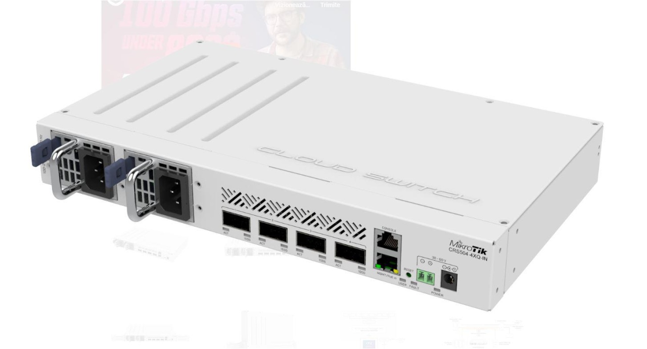 SWITCH MIKROTIK CRS504-4XQ-IN, 1 x 10/100Mbps, 4 x 100 QSFP28 , Procesor: 650 MHz, 64MB RAM, 16MB flash, dimensiuni: 320 x 185 x 44 mm, racier: 2 vantilatoare.IP 20.