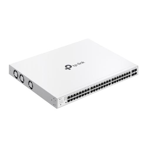 Switch TP-Link cu 52 de porturi, 48× 10/100/1000 Mbps PoE+ RJ45 Ports (Auto Negotiation/Auto MDI/MDIX),4× Gigabit SFP Slots, capacitate switch 104 Gbps, dimensiuni 17.3×13.0×1.7 in (440×330×44 mm)