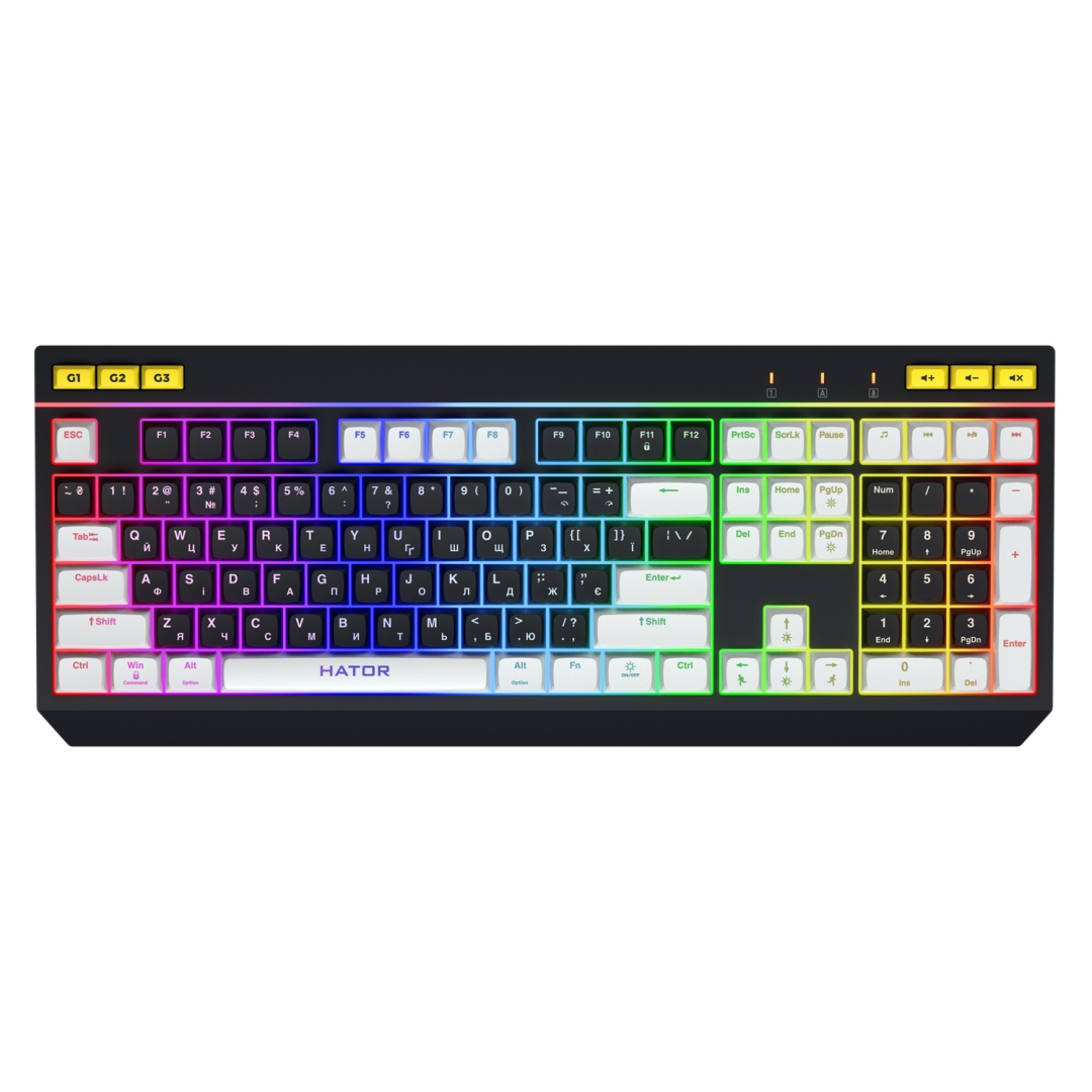 Tastatura mecanica cu fir Hator Icefall, conectivitate USB, polling rate 1000Hz, iluminare RGB pentru 8 zone diferite, tip switch membrana, material taste ABS cu gravare laser si acoperire UV, negru-alb