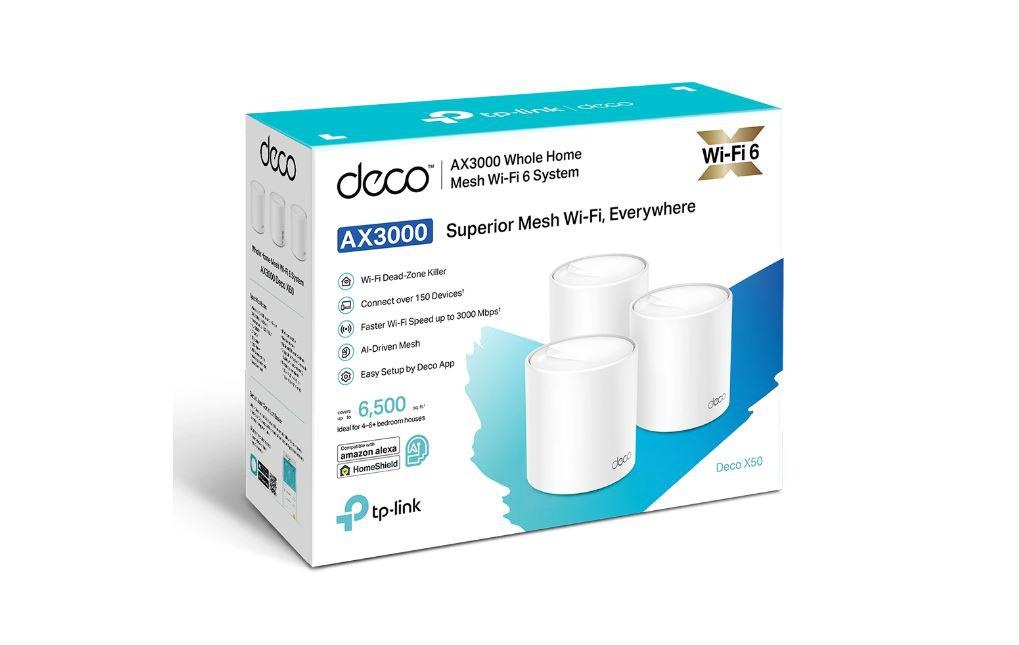 TP-Link AX3000 whole home mesh Wi-Fi 6 System, Deco X50(3-pack); Dual- Band, Standarde Wireless: IEEE 802.11ax/ac/n/a 5 GHz, IEEE 802.11ax/n/b/g 2.4 GHz, viteza wireless: 5 GHz: 2402 Mbps, 2.4 GHz: 574 Mbps, 2 x antene interne, 2×2 MU-MIMO, Mod Router, - 3 | YEO