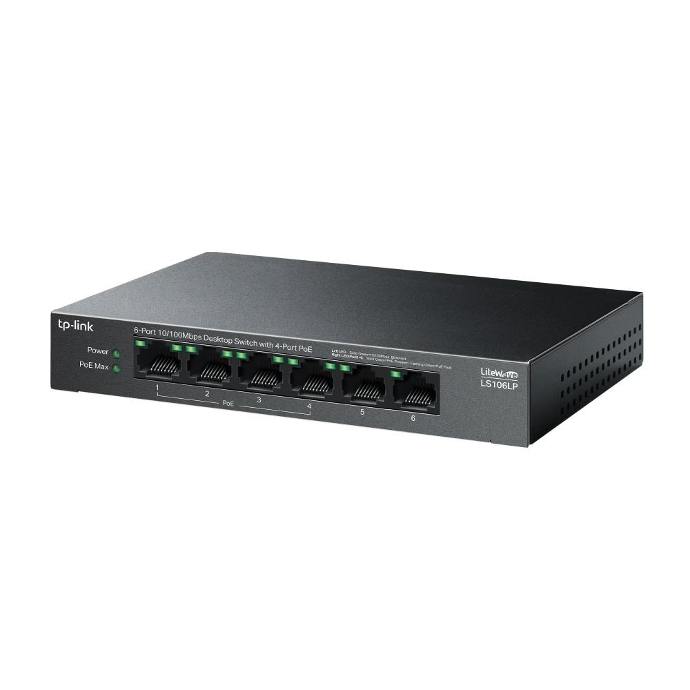 6-Port 10/100 Mbps Desktop Switch with 4-Port PoE PORT: 4× 10/100 Mbps PoE Ports, 2× 10/100 Mbps Non-PoE Ports SPEC: 802.3af, 41 W PoE Power, Desktop Steel Case FEATURE: Extend Mode for 250m PoE Transmitting, PoE Auto Recovery, Plug and Play