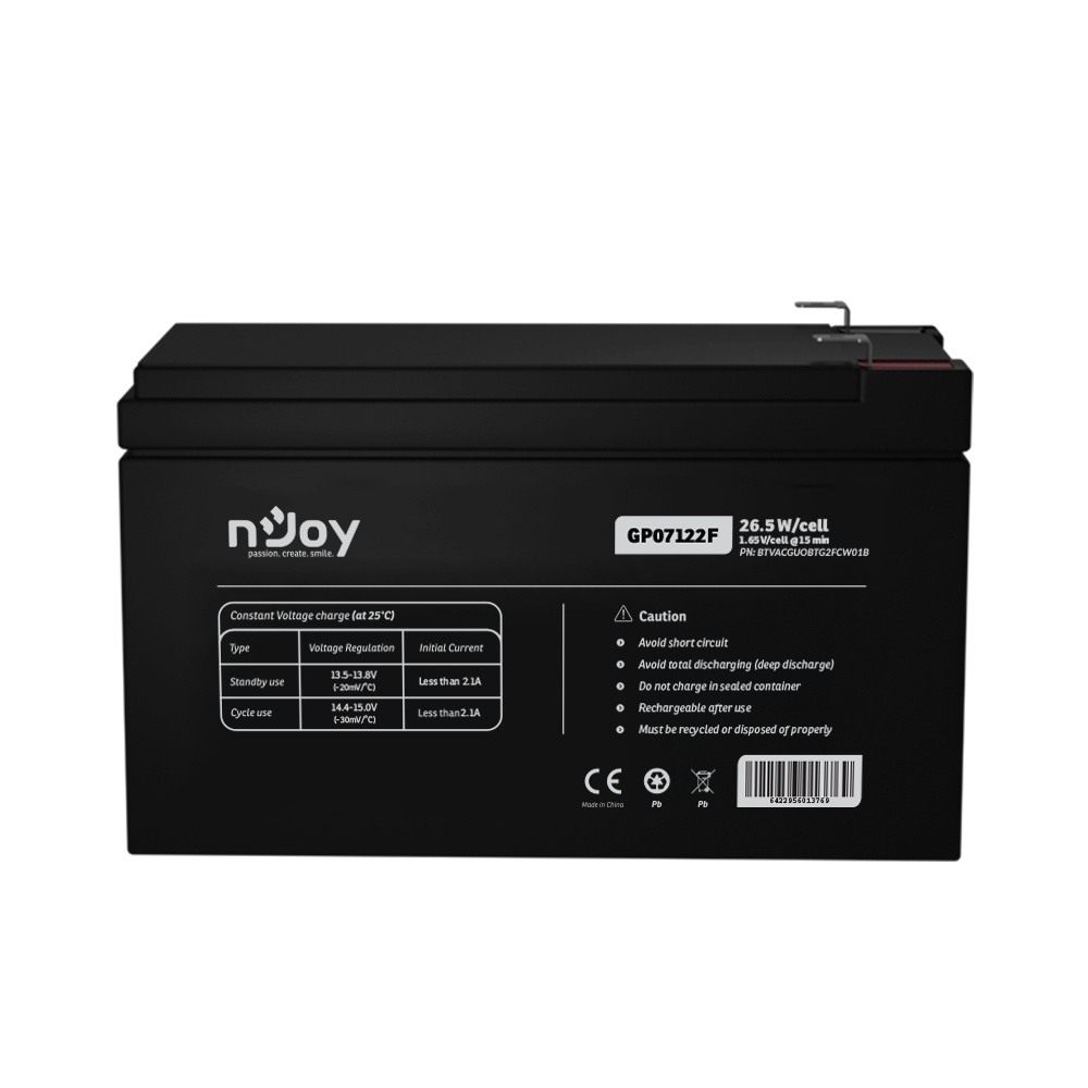 Acumulator nJoy GP07122F 12V 23.51W/cell Battery Model GP07122F Voltage 12V Power (1,65V/cell@15 min) 23.51W/cell Type VRLA - maintanance free Designed Floating Life 3~5 years Nominal Operating Temp. Range 25o C ± 3o C Terminal F2 terminal -Faston Tab - 2 | YEO