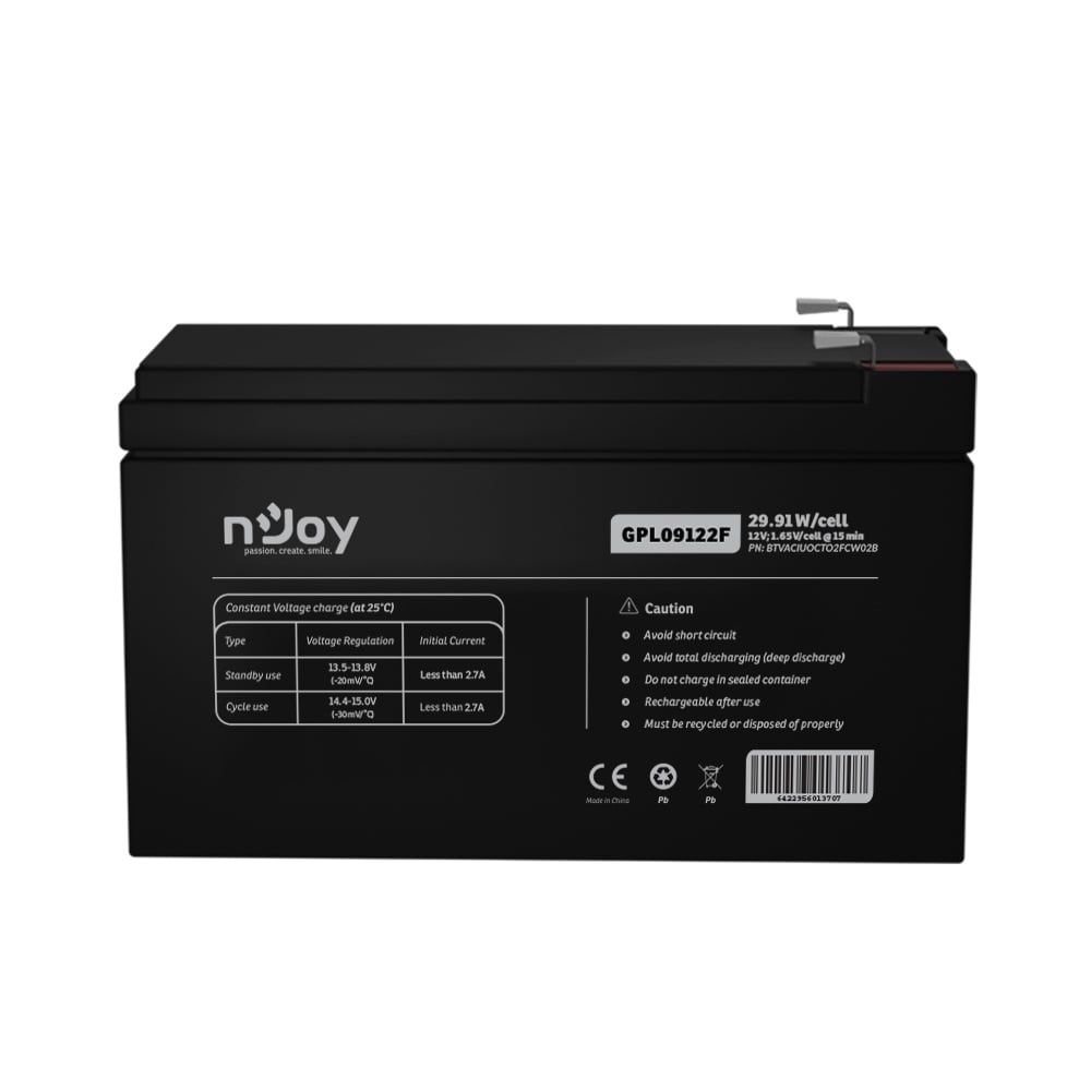 Acumulator nJoy GPL09122F 12V 30.55W/cell, Capacitate 30.55W/cell evaluat la 1,65V/cell@15 min, Tensiune 12V, Tip VRLA - fara mentenanta, Caracteristici: Sigilata complet si fara intretinere, Peste 260 de cicluri la 100% DOD, Utilizare standard 5-8 ani, - 1 | YEO