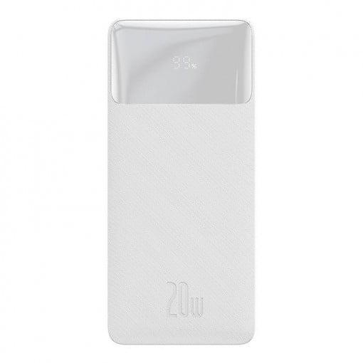 Baterie externa Baseus Bipow, capacitate 10.000 mAh, 2 porturi iesire USB 2.0, 1 port USB-C, voltaj iesire 5 V, amperaj 3 A, functii display digital pentru nivel baterie, alb