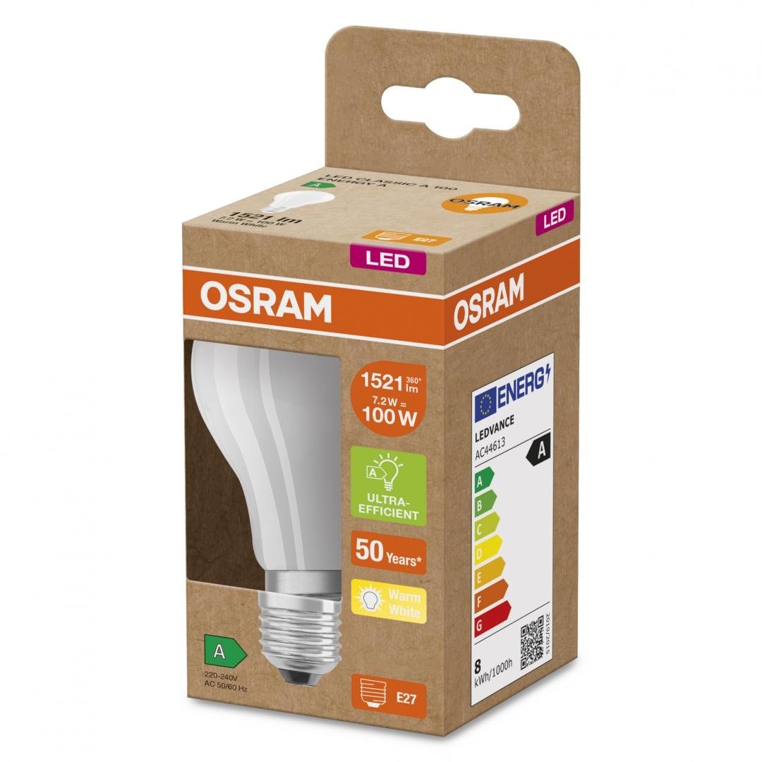 Bec LED Osram Classic A60, Ultra Efficient Light, E27, 7.2W (100W), 1521 lm, lumina calda (3000K) - 1 | YEO