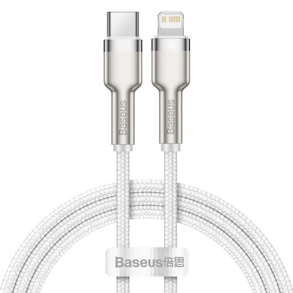 CABLU alimentare si date Baseus Cafule Metal, Fast Charging Data Cable pt. smartphone, USB Type-C la Lightning Iphone PD 20W, brodat, 1m, alb