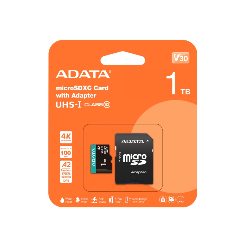 Card de Memorie MICROSDXC Adata AUSDX1TUI3V30SA2-RA1, 1TB, Class 10, U3, V30, A2 + Adaptor SD