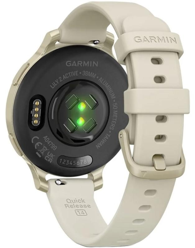 Ceas Garmin Lily 2 Active, display AMOLED, dimensiune afisaj 25,4 mm x 21,3 mm, rezolutie afisaj 240 x 201 pixeli, memorie 8GB, autonomie pana la 9 zile, rezistanta la apa pana la 5 ATM, greutate: 24,4g, ramă MLunar Glod şi curea Bone din silicon - 1 | YEO