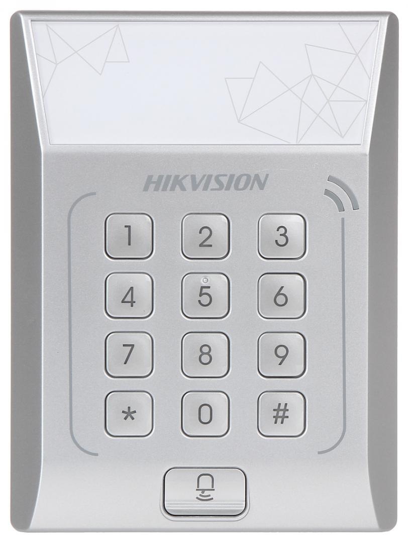 Cititor standalone cu tastatura si card de proximitate Hikvision, DS- K1T801M; suporta cartele MIFARE, Capacitate 3000 cartele, Autentificare: card sau card si parola; Intrari: buton de iesire x1, contact de usa x1; Iesiri: sonerie x1, incuietoare