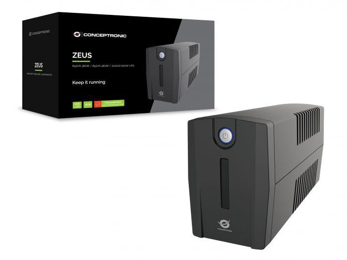 Conceptronic ZEUS02ES 850VA 480W UPS, Schuko x 2, HID USB, RJ45 In/Out, AVR, 96 x 286 x 138 mm