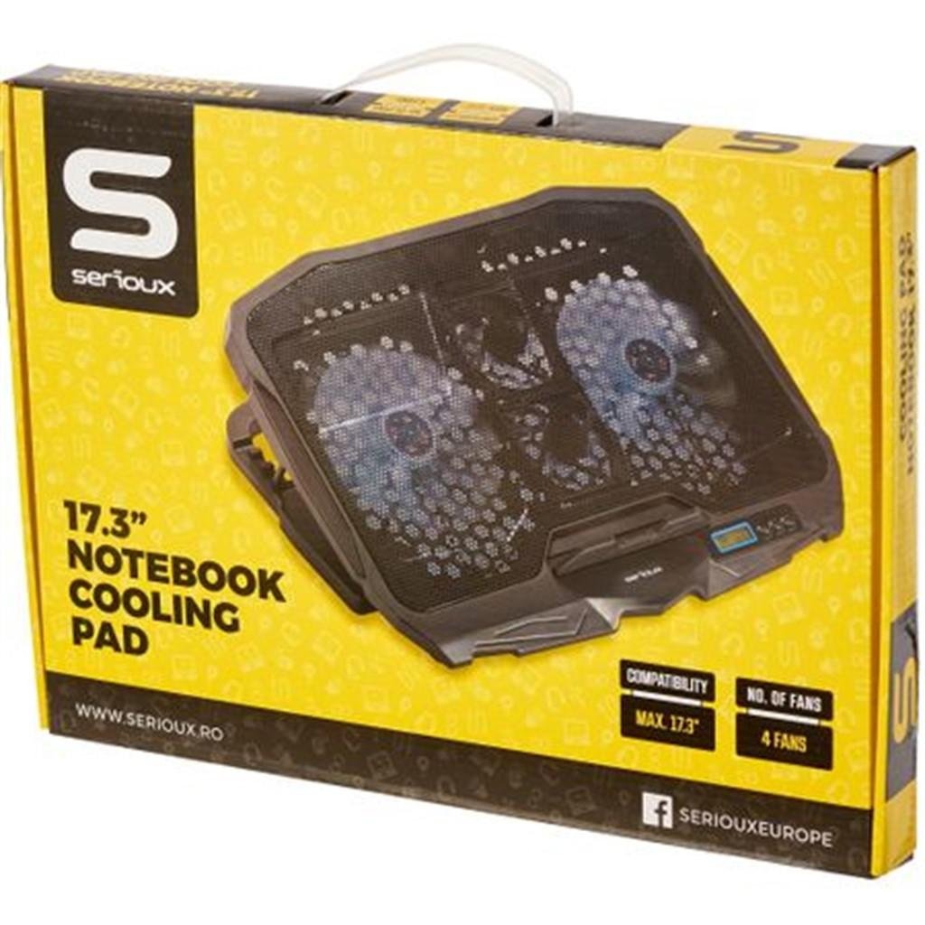 Cooling pad Serioux, SRXNCP025, Dimensiuni: 390*280*28mm, Compatibilitate maxima laptop: 17.3 inch, Numar ventilatoare: 4, Dimensiune ventilator: 2 x 125*125*15mm / 2 x 70*70*15mm, Nivel zgomot: 15-20dB, Flux aer: 56-75CFM, Tensiune alimentare: DC 5V,