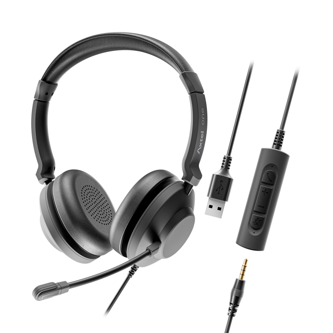 HEADSET AXTEL ONE UC35 STEREO HD AXH-ONE , Corded, Plug&Play USB / 3.5mm Jack Headset Conectivity USB-A, USB-C; Jack / with STEREO HD . Speaker Size has 40 mm / Passive noise reduction : STRONG / Vegan Leather