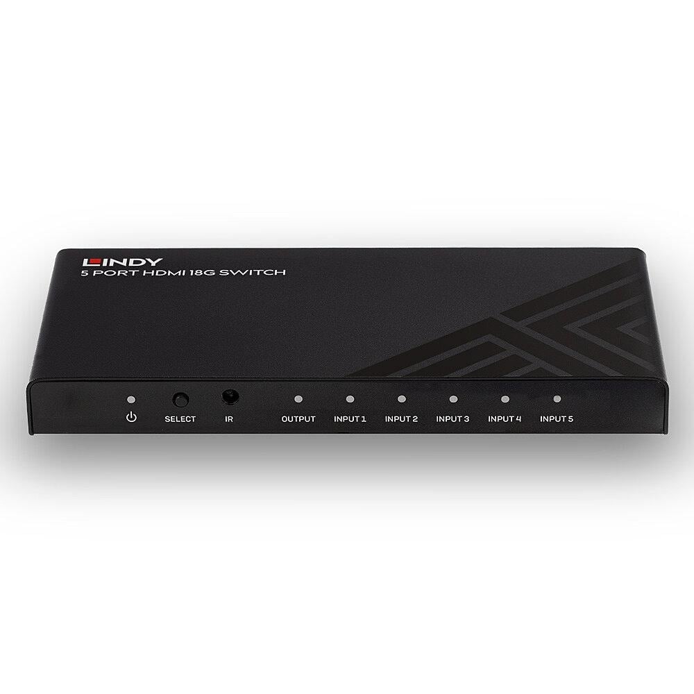 Lindy 5 Port HDMI 18G Switch Technical details Specifications AV Interface: HDMI Interface Standard: HDMI 2.0 Supports Bandwidth: 18Gbps Maximum Resolution: 3840x2160@60Hz 4:4:4 8bit HDCP Support: HDCP 2.2 Supported Audio: Audio Pass-through Separate - 2 | YEO