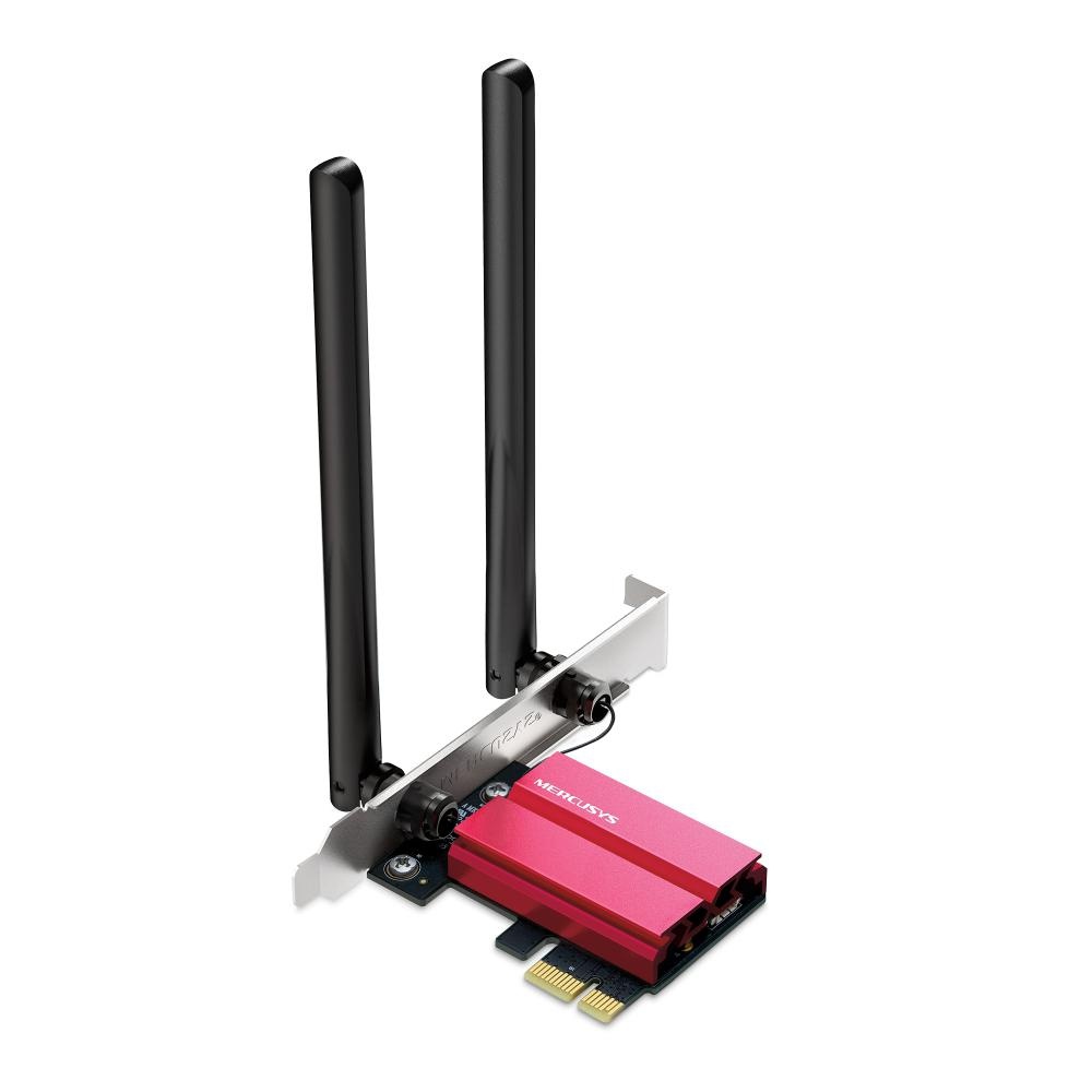 Mercusys adaptor Tri-Band, WI-FI, Bluetooth 5.2 PCI-E MA86XE, Standarde wireless: IEEE 802.11 a/ac/ax 5 GHz, IEEE 802.11 b/g/n/ax 2.4 GHz, Viteza wirelss: 6Ghz: 2402Mbps, 5Ghz: 2402Mbps, 2.4Ghz: 574Mbps, Dimensiuni: 226.3 × 120.8 × 21.5 mm, 2 antene fixe