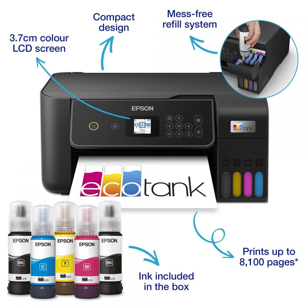 Multifunctional inkjet color Epson EcoTank CISS L3280, dimensiune A4 (Printare,Copiere, Scanare), printare borderless, viteza 33ppm alb- negru, 15ppm color, rezolutie 5760x1440 dpi, alimentare hartie 100 coli, scanner CIS rezolutie 1.200 x 2.400 DPI, - 1 | YEO