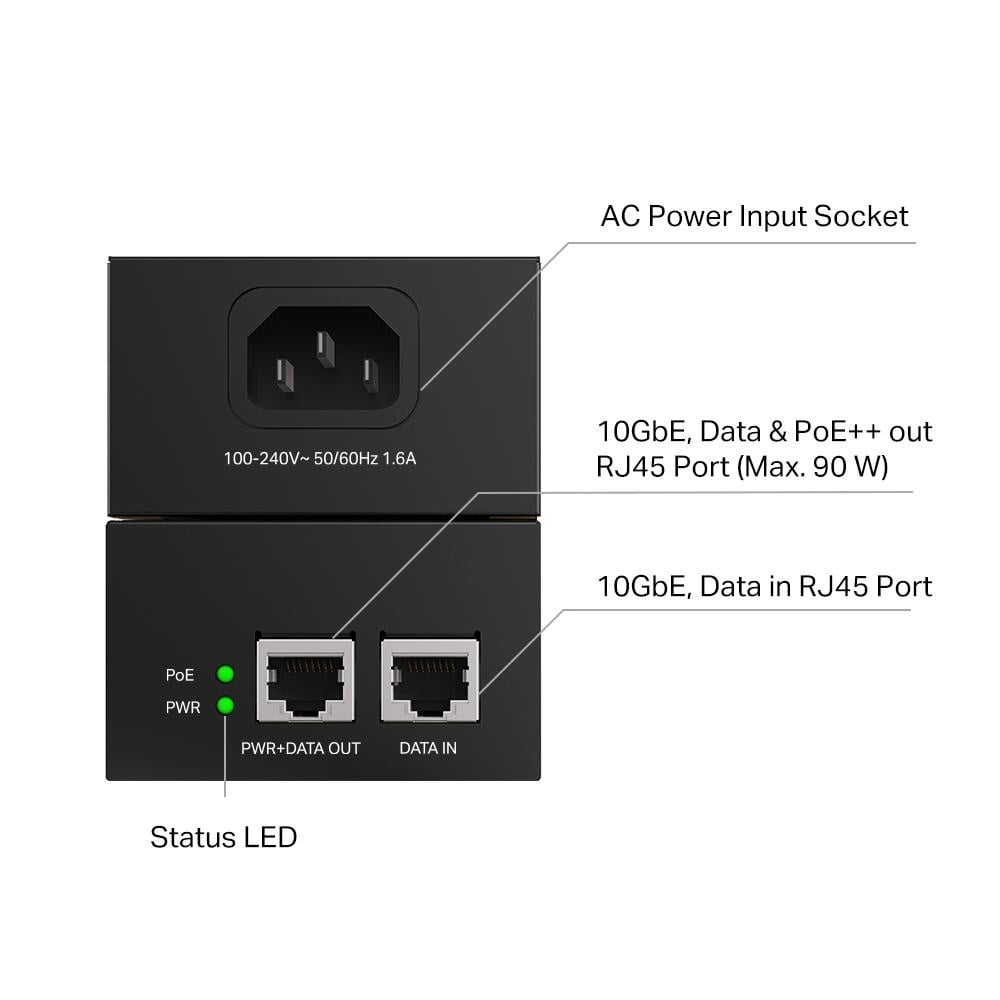 Omada 10G PoE++ Injector Adapter PORT: 1× 10Gbps PoE Port, 1× 10Gbps Non-PoE Port SPEC: 802.3bt/at/af Compliant, 90 W PoE Power, Data and Power Carried over the same cable, Steel Case - 2 | YEO