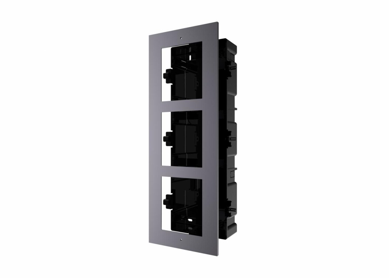 Panou frontal pentru 3 module videointerfon modular Hikvision DS-KD-ACF3; permite conectarea a 3 module de videointerfon modular; mo ntareincastrata; material aluminiu, doza de plastic inclusa; dimensiuni:337.8mm x 124mm × 4mm;