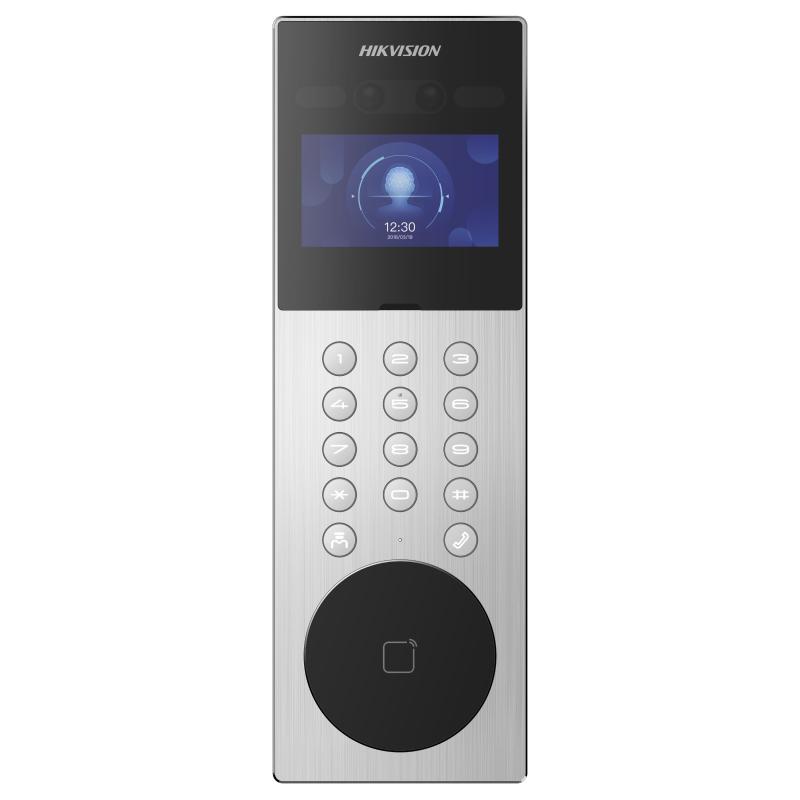 Post exterior videointerfon IP Hikvision DS-KD9203-ME6, recunoastere faciala, pin, card, 10000 de utilizatori, ecran LCD 800 × 480px, IP65, instalare aparenta, alimentare: 12 VDC, 1.5 A, dimensiuni: 373 mm × 124 mm × 43.7 mm, greutate: 0.405kg,
