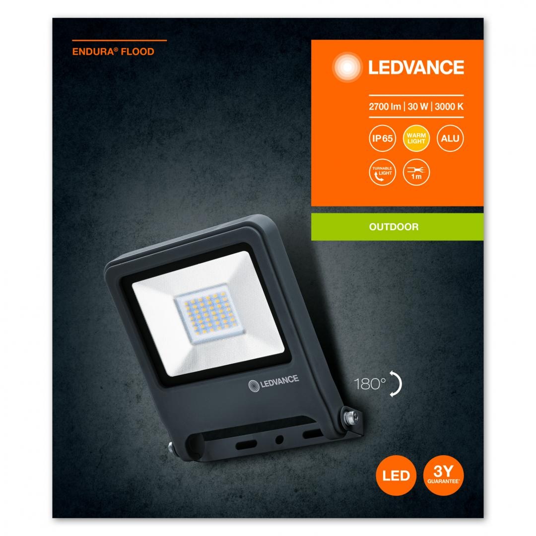 Proiector LED Ledvance ENDURA FLOOD, 30W, 220-240V, 2700 lm, luminacalda(3000K), IP65/IK06, 186x163x34mm, aluminiu, Gri