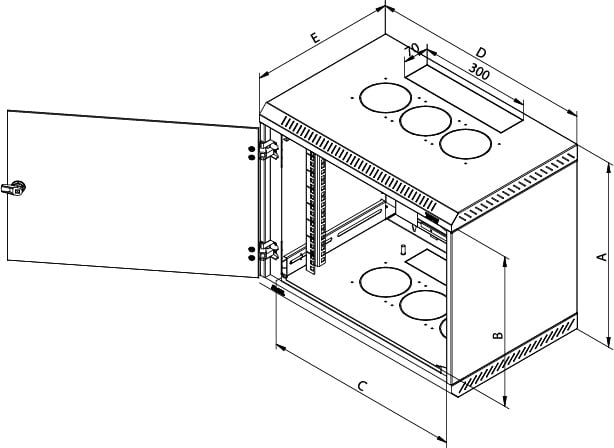 Rack de perete Triton sectiune simpla 18U 600mm adancime usa sticla panouri laterale fixe sectiuni ventilatie activa, sectiuni acces cabluri sus/jos/spate securizare cu cheie, 1 pereche montanti reglabili IP30 gri