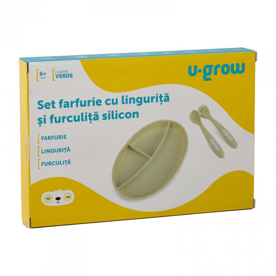 Set farfurie cu lingurita si furculita silicon, olive,U-Grow - 2 | YEO