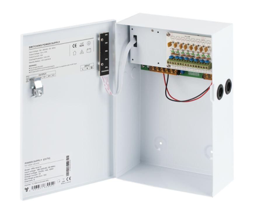 Sursa cu backup, 8 canale, comutatie, Tensiune de intrare: 190-265Vca, 50-60Hz, Tensiune de iesire: 12V, 10A, loc pentru acumulator: 12V/7Ah ( nu este inclus), Caracteristici: Protectie la scurtcircuit, supratensiune sau suprasarcina prin termistoare