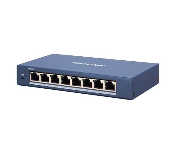 Switch 8 porturi Gigabit Hikvision DS-3E1508-EI, L2, Smart Managed, 8 × gigabit RJ45 porturi, switching capacity 16 Gbps, network topology management, alarm push, network health monitor, material metal, dimensiuni: 170 mm × 27.6 mm × 93.1 mm, greutate: