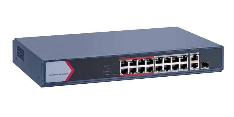 Switch PoE Hikvision DS-3E1318P-EI/M: 16 × 10/100 Mbps PoE port,1 × Gigabit combo,1 × Gigabit RJ45 port, 16 porturi PoE maxim 30W, buget PoE 130W, tensiune alimentare 100~240 V AC, 50/60 Hz, Max. 2.5 A., dimensiuni: 335.0 mm × 44.5 mm × 226.00 mm,