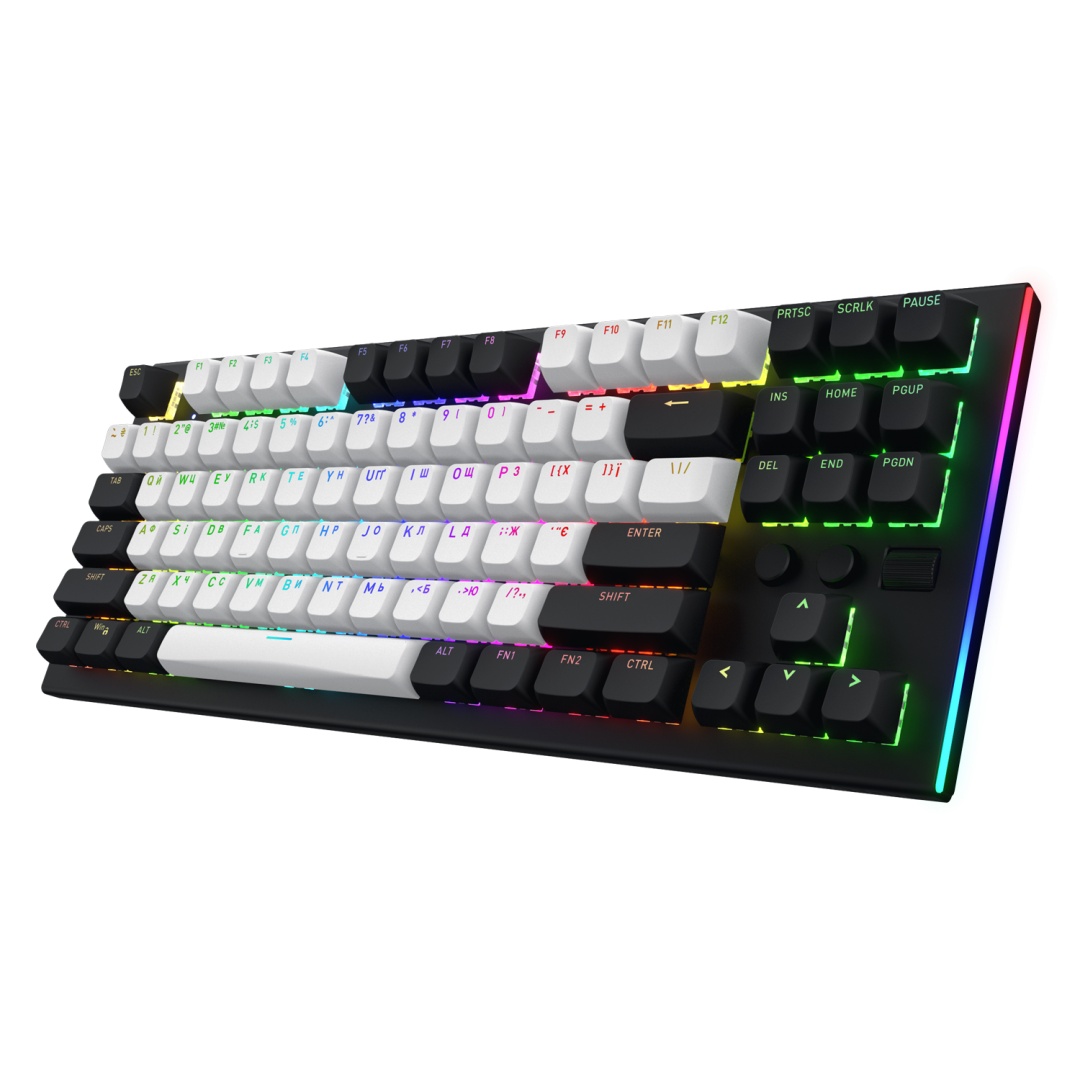 Tastatura mecanica cu fir Hator Gravity TKL conectivitate USB, polling rate 1000Hz, iluminare RGB cu functia de a customiza fiecare tasta individual, tip switch HATOR Aurum Orange Linear rev.2.0, durata de viata switch 70M de clickuri, material taste