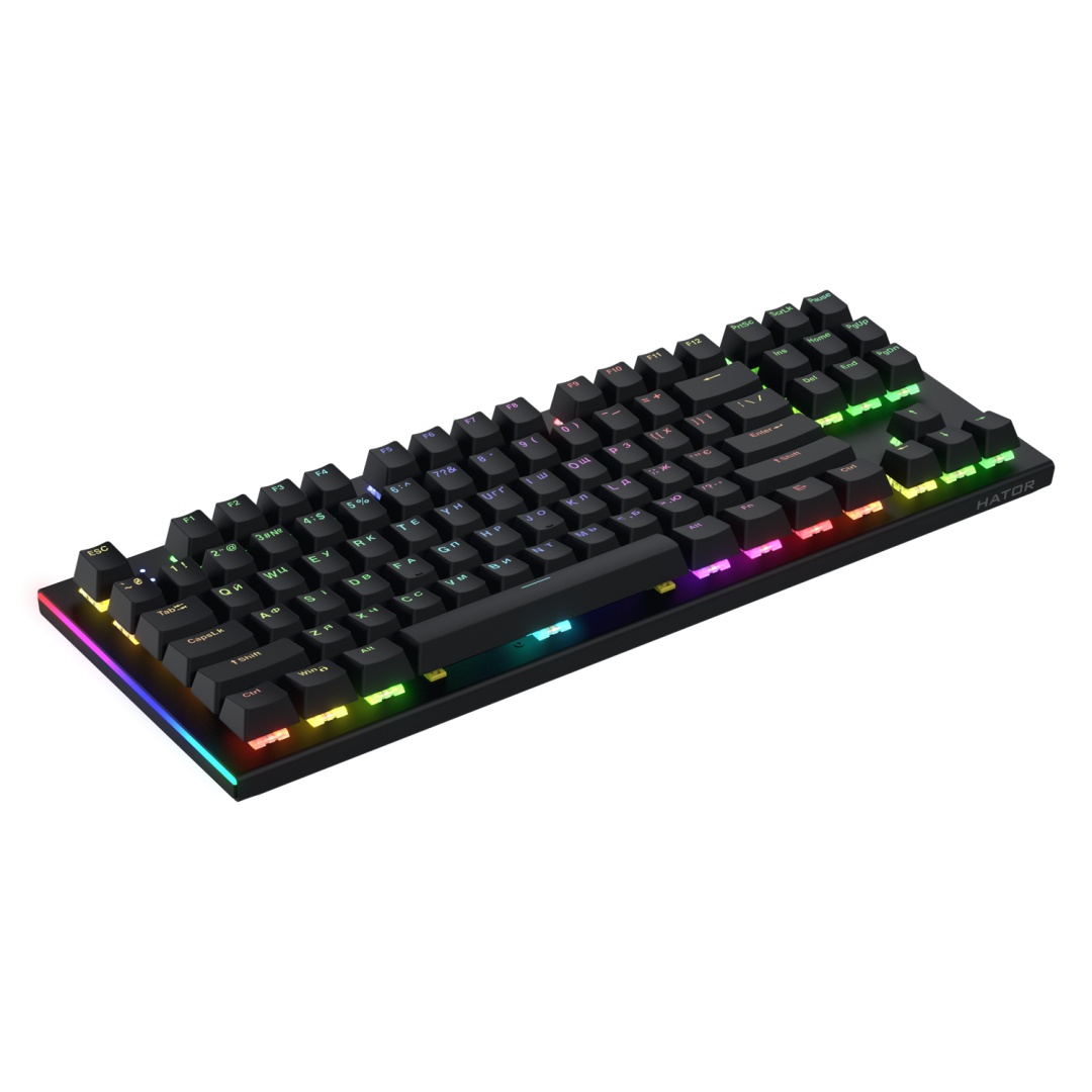 Tastatura mecanica cu fir Hator Gravity X TKL conectivitate USB, polling rate 1000Hz, iluminare RGB cu functia de a customiza fiecare tasta individual, tip switch HATOR Aurum Orange Linear rev.2.0, durata de viata switch 70M de clickuri, material taste - 2 | YEO