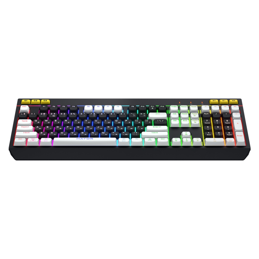 Tastatura mecanica cu fir Hator Icefall, conectivitate USB, polling rate 1000Hz, iluminare RGB pentru 8 zone diferite, tip switch membrana, material taste ABS cu gravare laser si acoperire UV, negru-alb - 1 | YEO