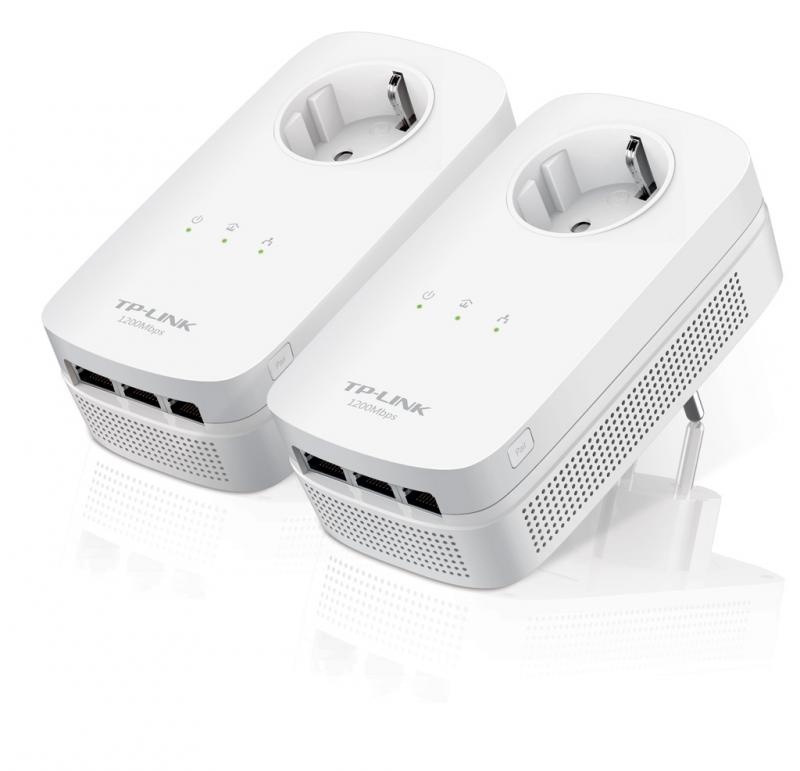 Tp-link AV1200 3-Port Gigabit Passthrough Powerline Starter Kit, 1200Mbps Powerline Datarate, Line-Neutral/Line-Ground 2*2 MIMO, 3 Gigabit Ethernet ports, HomePlug AV2, Green Powerline, Plug and Play, Twin Pack