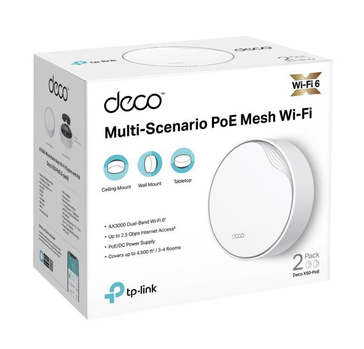 TP-Link AX3000 whole home mesh Wi-Fi 6 System, Deco X50-POE(2-pack); Dual- Band, Standarde Wireless: IEEE 802.11ax/ac/n/a 5 GHz, IEEE 802.11ax/n/b/g 2.4 GHz ,viteza wireless: 5 GHz: 2402 Mbps, 2.4 GHz: 574 Mbps, 2 x antene interne, 2×2 MU-MIMO, Mod - 1 | YEO