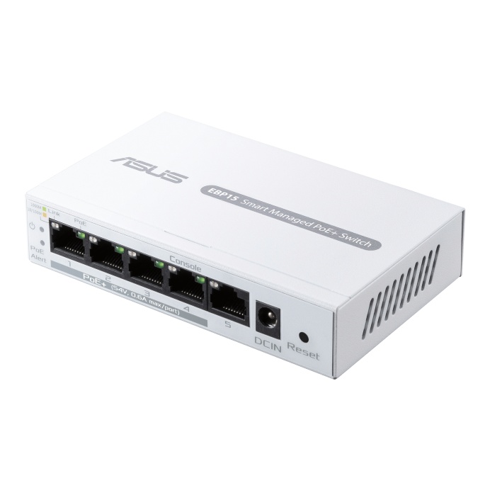 Asus EBP15 Switch 5 Porturi GBE, Smart managed, POE, Standarde retea: IEEE 802.1p, IEEE 802.1q, IEEE 802.3ab, IEEE 802.3af, IEEE 802.3at, IEEE 802.3i, IEEE 802.3u, IEEE 802.3x, IPv4, Interfata 5 x 10/100/1000Mbps, Buget POE: 60w, Securitate: SSL/TLS.