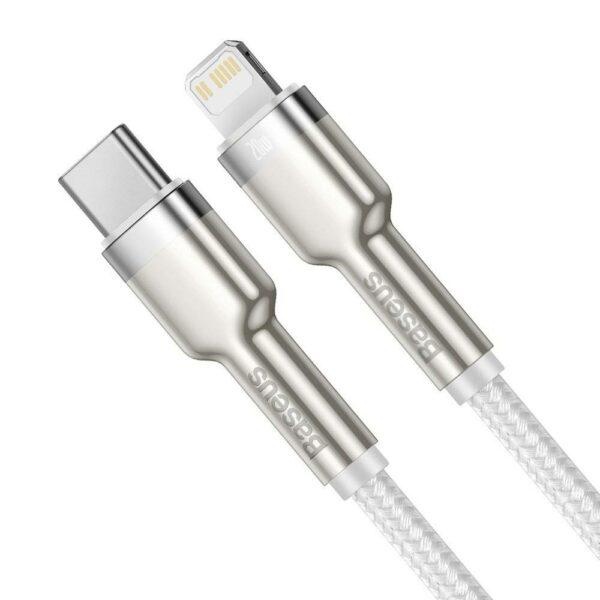 CABLU alimentare si date Baseus Cafule Metal, Fast Charging Data Cable pt. smartphone, USB Type-C la Lightning Iphone PD 20W, brodat, 1m, alb - 1 | YEO