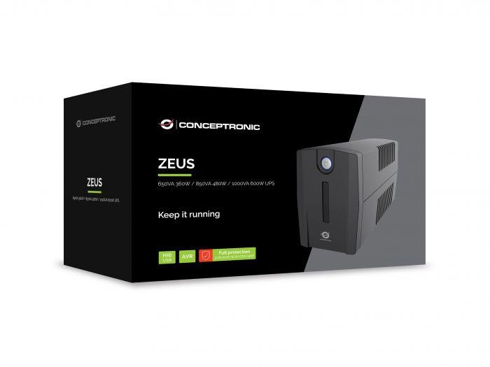 Conceptronic ZEUS02ES 850VA 480W UPS, Schuko x 2, HID USB, RJ45 In/Out, AVR, 96 x 286 x 138 mm - 1 | YEO