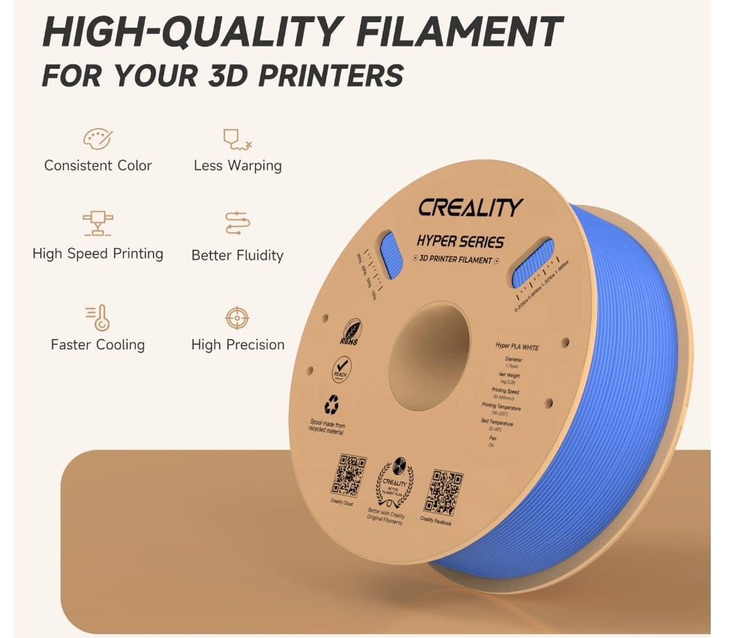 CREALITY HYPER PLA 3D Printer Filament, Blue, Temperatura printare: 200-220 grade celsius, Diametru filament: 1.75mm, Tensile strength: 52.99MPa, Bending strenght:92.38Mpa Dimensiuni rola filament: Diametru 200mm, inaltime 70mm, gaura centrala 56mm, - 2 | YEO