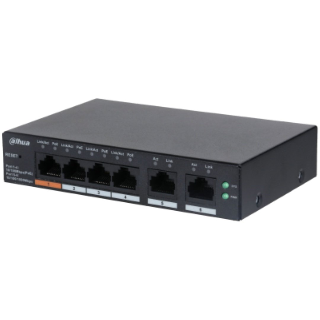 DAHUA 6 port Managed Desktop switch, CS4006-4ET-60, Interfata: Port 1-4: 4 × RJ-45 10/100 Mbps (PoE); Port 5-6: 2 × RJ-45 10/100/1000 Mbps (uplink), Managd, Layer 2, Switching Capacity: 4.8 Gbps, Packet Forwarding Rate, 3.57 Mpps, Standarde retea: